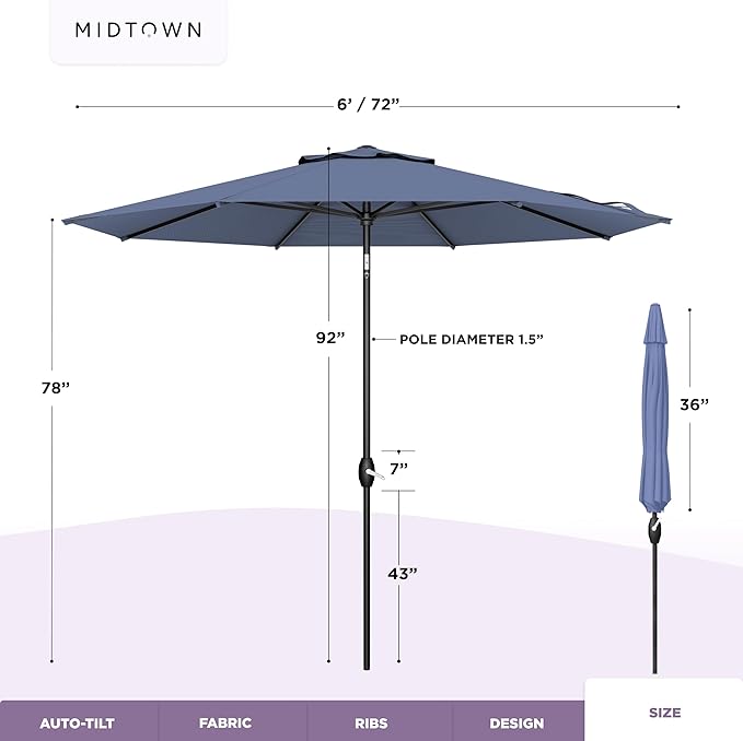 Midtown Umbrellas - 10-Year-No-Fade 6 Ft Patio Umbrella with Terylast Fabric, Auto-Tilt Aluminum Frame and 8 Reinforced Ribs for Deck, Pool, Garden & Beach - Pale Navy Canopy, Black Pole