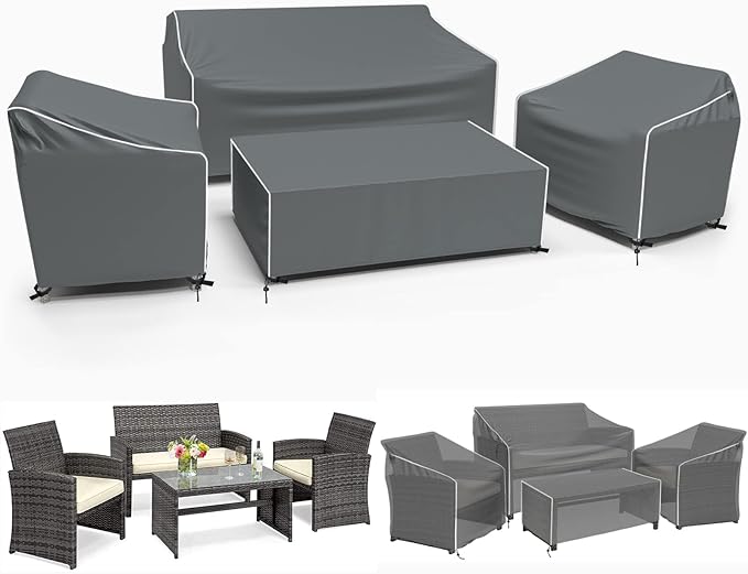 Gasadar Patio Furniture Covers, 4-Piece Outdoor Furniture Cover Waterproof for Patio Loveseat, Chair and Coffee Table, Grey