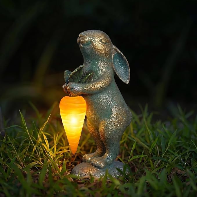 PETAFLOP Solar Garden Statues Outdoor Decor, Rabbit Figurines with Carrot Light for Patio Balcony Lawn Yard Decorations, Birthday Housewarming Gifts for Women Mom Grandma