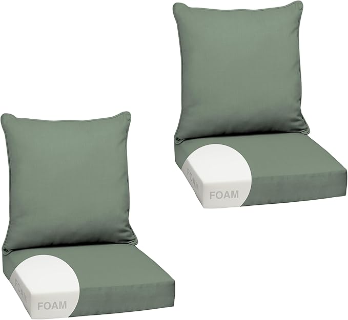 Arden earthFIBER Outdoor Foam Deep Seat Cushion (2-Pack), 24x24, Premium High-Density Foam, Never Flattens, Weather-Proof for Patio Chair Sofa Couch, Sage Green Texture
