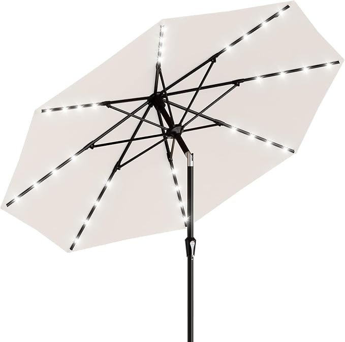 AreShark 9FT Patio Umbrella with Solar Lights, 32 Lighted Pool Umbrella w/Tilt and Crank, Outdoor Market Solar Umbrellas for Garden, Deck, Backyard, Pool and Beach, Cream-White