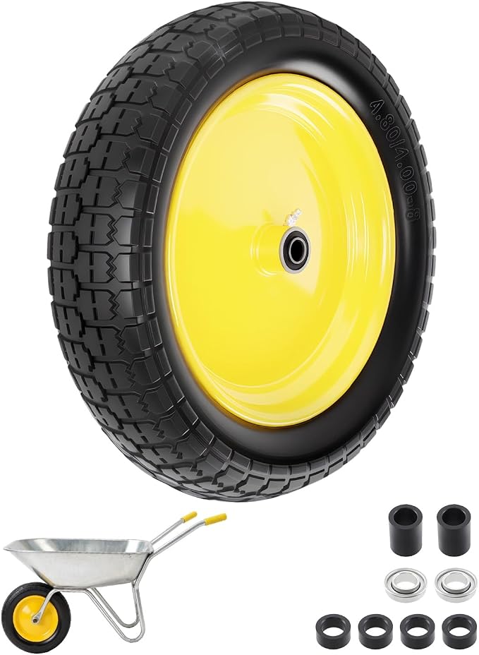 4.80/4.00-8 wheelbarrow tire, 16" Flat Free Solid Tire and Wheel, 3" Centered Hub, 5/8" & 3/4" Bearings, Universal Replacement for Garden Carts Wagon Wheel Barrow, 1 Pack