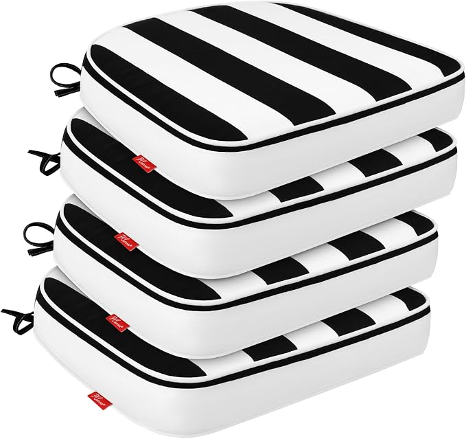 Outdoor Chair Cushions Set of 4, 19"x19" Water-Resistant Patio Cushions with Ties, High Density Foam U-Shape Seat Cushions for Patio Garden Chairs,Black White Stripe
