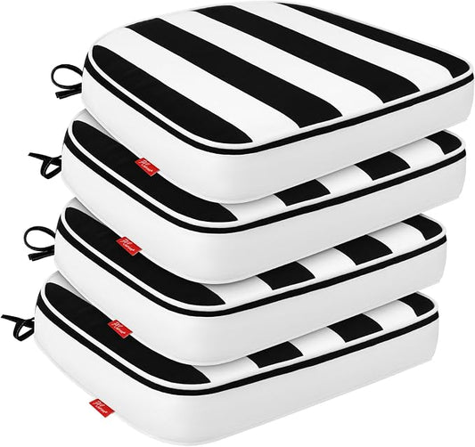 Outdoor Chair Cushions Set of 4, 19"x19" Water-Resistant Patio Cushions with Ties, High Density Foam U-Shape Seat Cushions for Patio Garden Chairs,Black White Stripe
