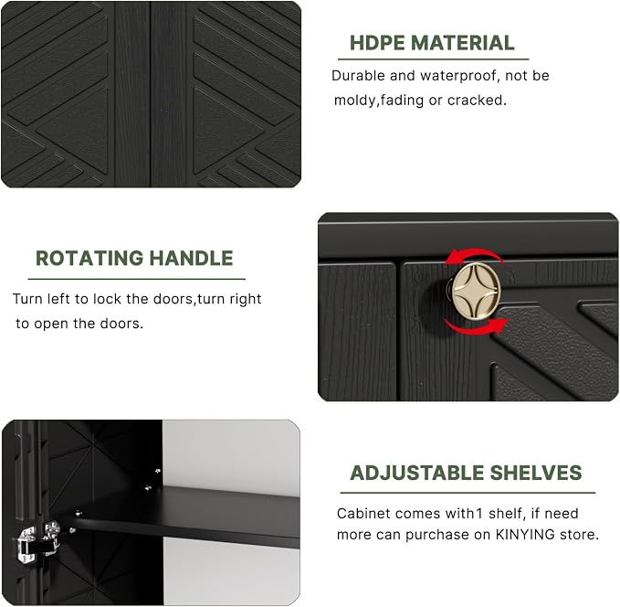 KINYING Outdoor Storage Cabinet Waterproof, 60 Gallon Resin Outdoor Storage Shed for Patio/Garden/Backyard, Outdoor Storage Box for Cushions,Garden Tools and Pool Supplies(Black with 1 Shelving)