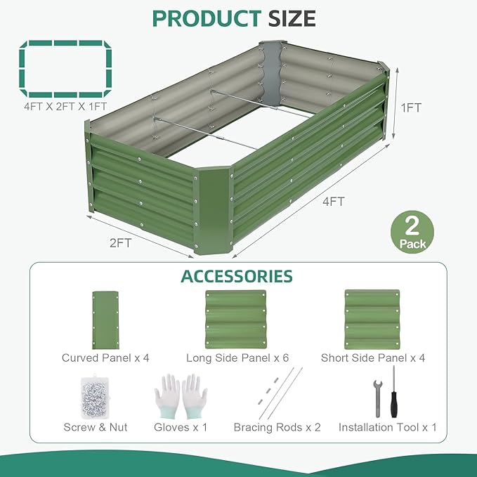 Galvanized Raised Garden Bed - 4x2x1ft (2Packs) Metal Garden Planter Box Outdoor | Steel Raised Bed Kit with Bracing Rods, Gloves for Gardening Vegetables Fruits and Flowers (Olive Green)