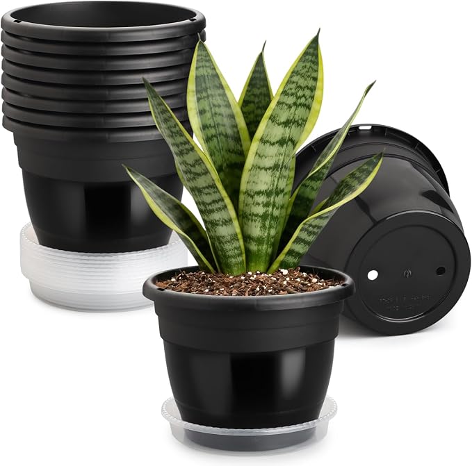 RooTrimmer 8 Inch Nursery Pots Set of 10 with Drainage Holes and Saucers,Plant Pots for Indoor Outdoor Plants,Orchid Pots for Repotting Flowers Herbs Succulents(Black)