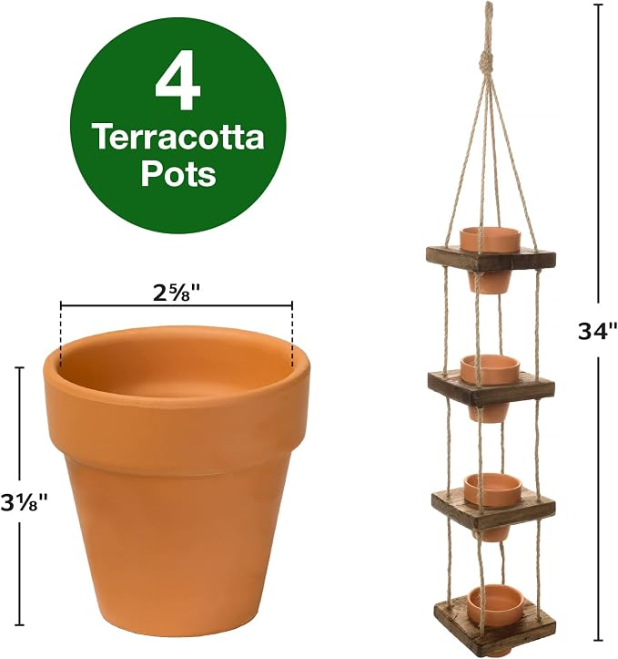 EXCELLO GLOBAL PRODUCTS Rustic 4-Tier Wooden Hanging Planter with Distressed Finish - Farmhouse Style. Comes with 4 Terracotta Pots, Ready for Hanging.