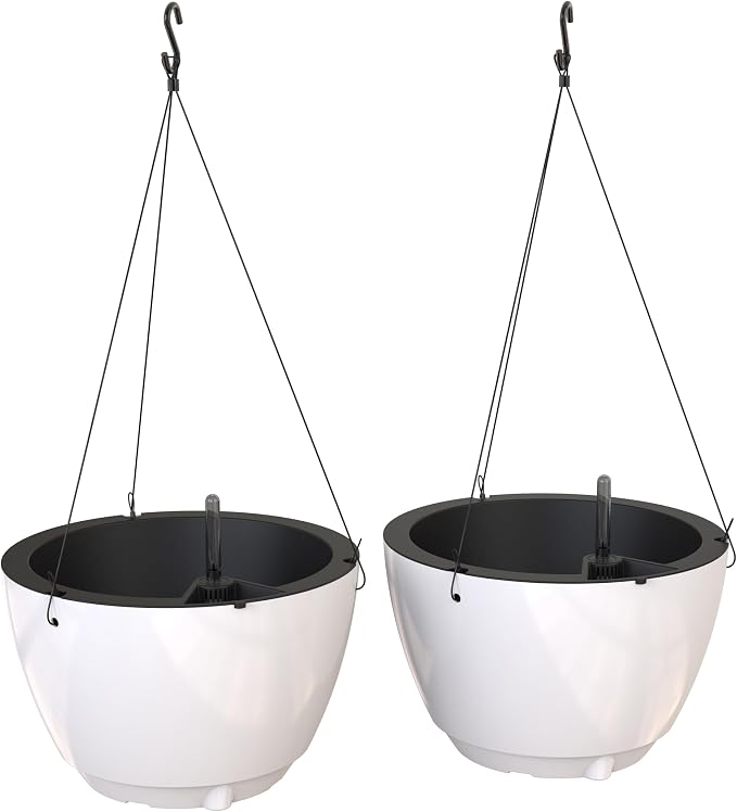 Mayne Caprio Self Watering Hanging Planter Set, 2 Pack - Sturdy, Lightweight Planters for Indoor and Outdoor Use, with Water Level Indicator and Drainage System, Basket for Flowers, White