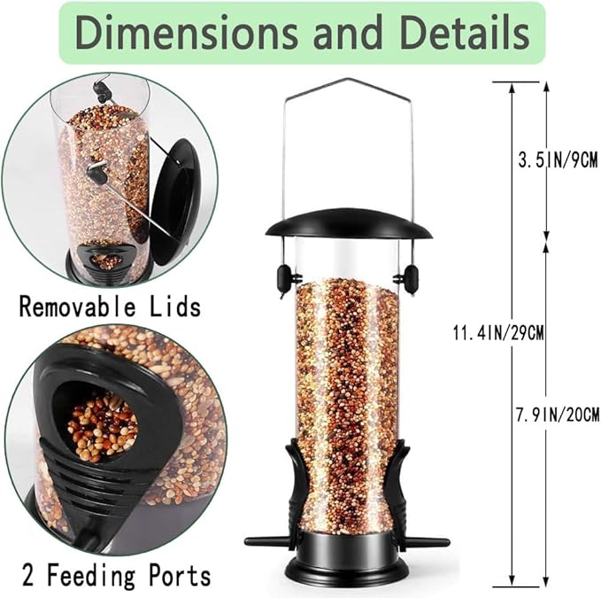 Metal Bird Feeder, Tube Bird Feeders for Outdoors Hanging, Heavy Duty Chew-Proof and Rust-Proof Tube Bird Feeder, Weatherproof & Steel Hanger, Attracting for Wild Birds (Black)