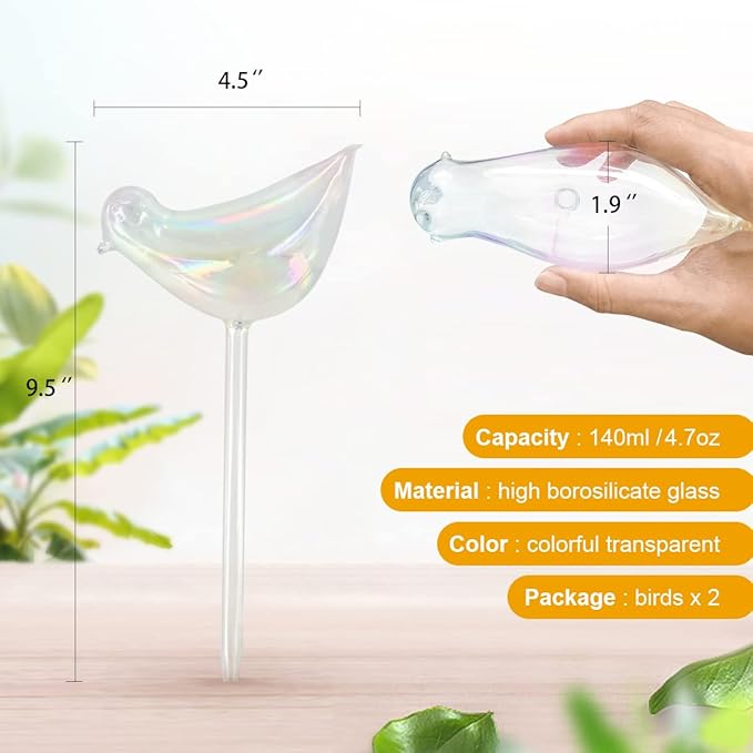 KiKiHeim 2Pcs Plant Watering Globes, Colorful Glass Plant Self Watering Devices, Bird Shape Self Watering Globes, Water Bulbs for Indoor Plants