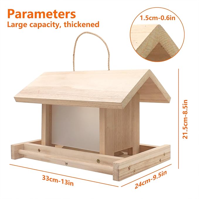 Hanging Wooden Bird Feeder Outdoor Large Capacity Wooden Bird Feeder for Feed Outdoor Garden Wildbirds Wings Robin Sparrow Blue Bird (Light Wood Color, Flat Side Panel)