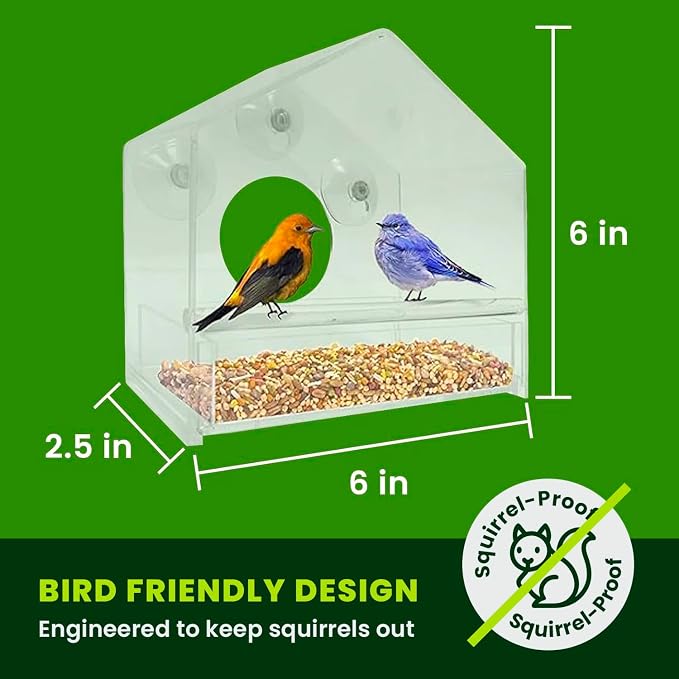 Nature Gear Window Bird Feeder with Strong Suction Cups, Clear Acrylic Window Mounted Bird Feeder, Removable Sliding Tray, Weather-Resistant, Durable, Squirrel-Resistant, House Style