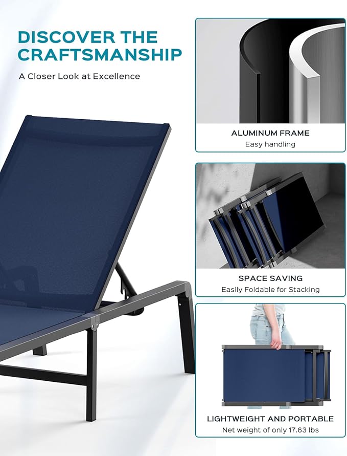 Patio Chaise Lounge Chair Set of 4, Foldable Lounge Chair for Outside, Aluminum Chairs with 5 Adjustable Backrest, Outdoor Pool Lounger for Poolside, Lawn, Deck, Navy Blue
