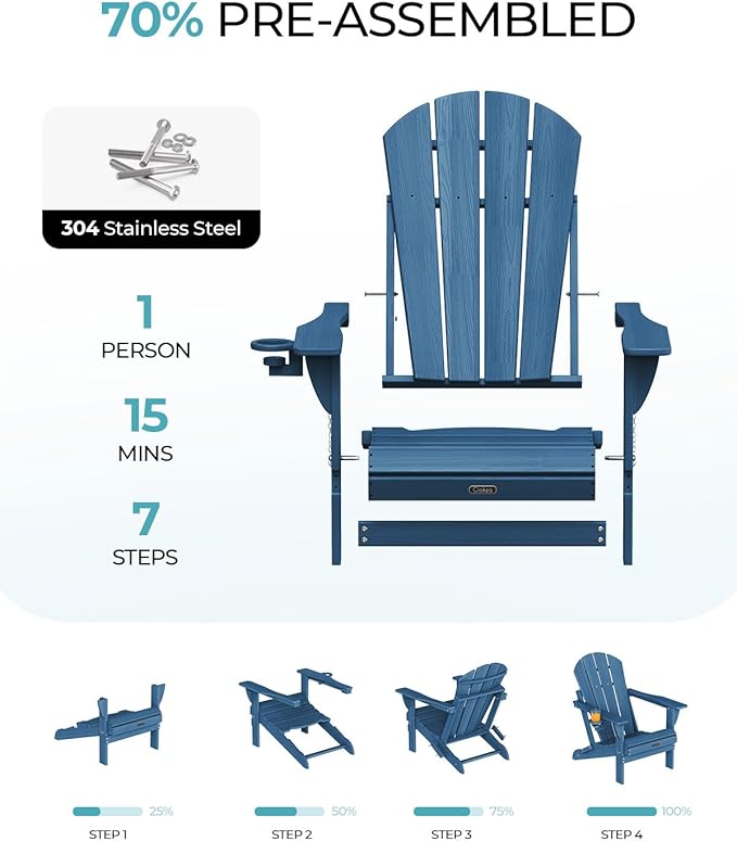 Ciokea Folding Adirondack Chair 2 Pack, Patio Adirondack Chair Weather Resistant, Plastic Fire Pit Chair with Cup Holder, Lawn Chair for Outdoor Porch Garden Backyard Deck (Royal Blue)