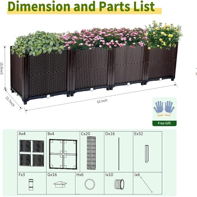 Emalie Deep Raised Garden Beds Large Plastic Planter Box with Drainage Plugs for Veggies Flowers Herbs Deep Root Plants Growing, 63.0" Lx15.7 Wx16.9 H Brown