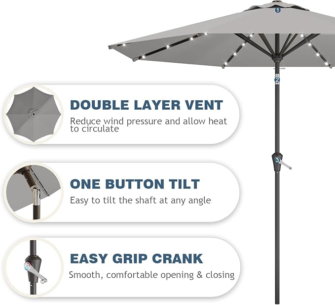9FT Patio Umbrella with Solar Lights,Outdoor Market Umbrella with Tilt and Crank, LED Lighted Table Umbrella for Garden,Deck,Backyard,Pool,Beach