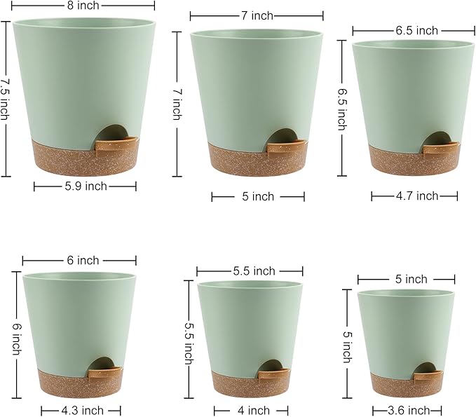 YNNICO Indoor Self Watering Planters with Drainage Holes and Saucers, 8, 7, 6.5, 6, 5.5, 5 Inches, Green, 6 Pots.
