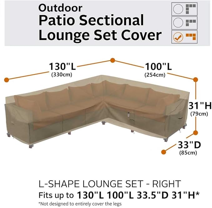 Heavy Duty Outdoor Sectional Sofa Cover, Waterproof 600D Patio Sectional Couch Covers, Lawn Patio Furniture Cover (Desert Khaki, 130"x100"(L-Shaped-Right Facing))