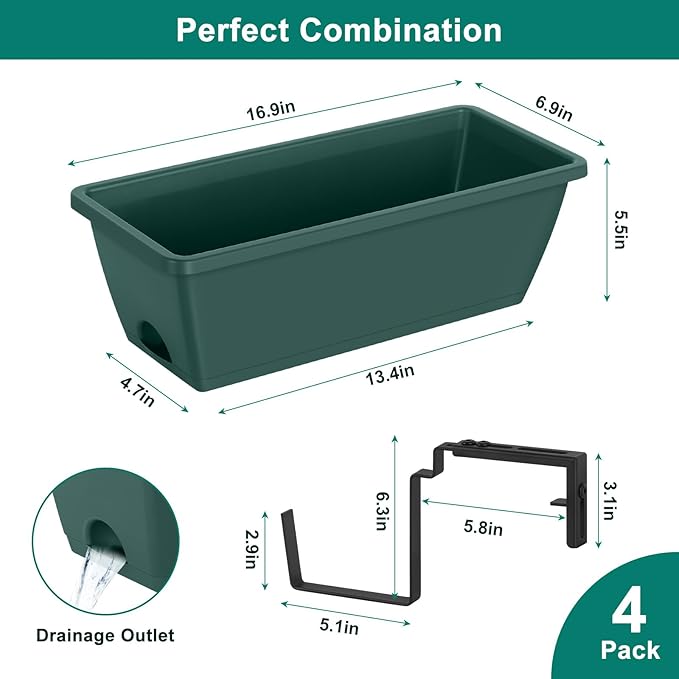 4 Pack Railing Planter Box Window Boxes Planters, 17'' Rectangular Deck Railing Planter Balcony Hanging Planters with Adjustable Flower Box Brackets for Fence Outdoor Patio Porch