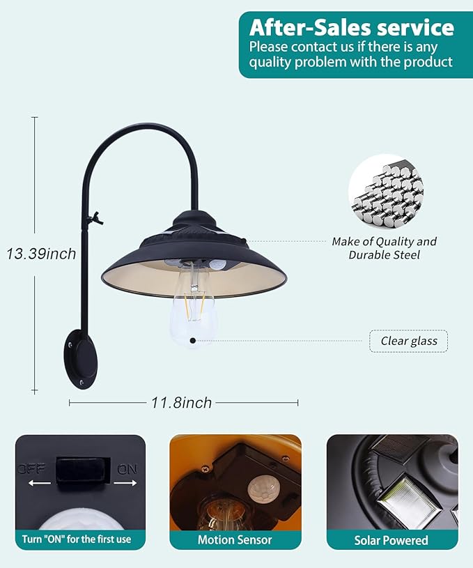 Goodeco Solar Barn Light with Motion Sensor - Metal Design Outdoor Lights - 4 High Efficiency Solar Panels with Clear Glass LED Edison Bulb, Perfect Chicken Coop Light & More (Black)