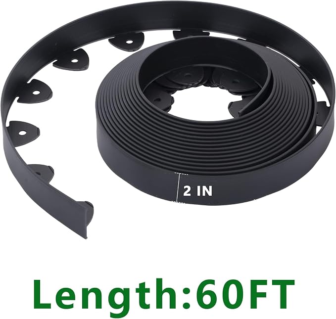 60 Ft Landscape Edging, Garden Edging with 54 Pcs Spikes, 2 in Tall Plastic Edging for Landscaping, No Dig Garden Border Edging, Landscaping Edging Border for Flowerbed Lawn Yard Grass, Black