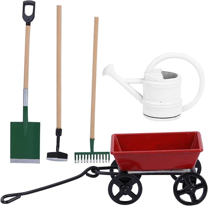 Miniature Garden Tools, 5 Pcs of Garden Scene Model Mini Garden Tools, Doll House 1/12 Scale Accessories, Spade Pestle Rake Cart and Kettle for Doll House Garden Decor Accessories