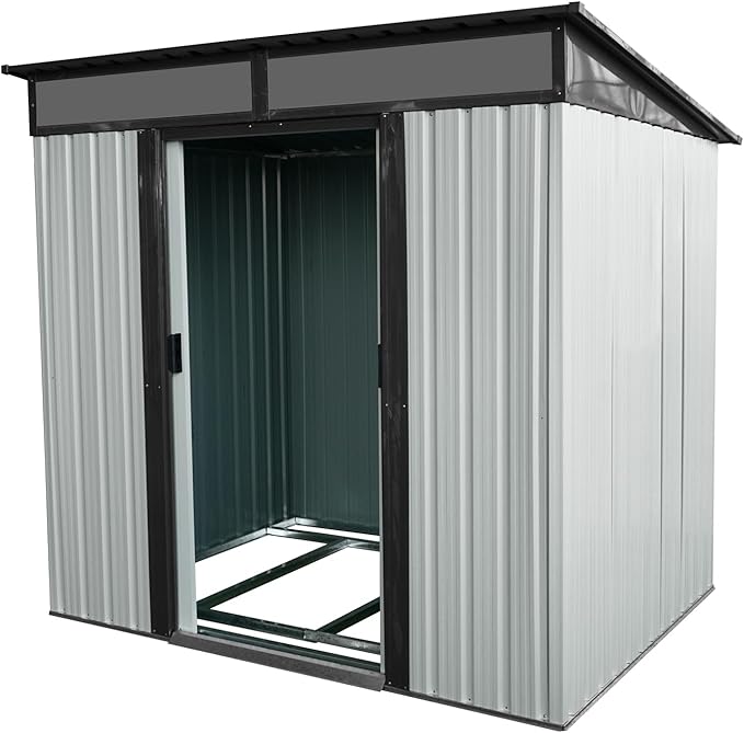 6FT x 5FT Outdoor Storage Shed, Heavy Duty Galvanized Steel Garden Shed with Sloped Roof, Sliding Lockable Doors, Punched Vents & Foundation Kit, Weather Resistant Tool Shed for Backyard, White+Black