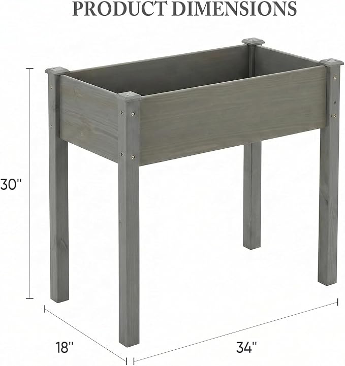 Simple Deluxe Raised Garden Bed with Legs, 34x18x30 Inch Wooden Planter Box with Liner, Elevated Outdoor Garden Box for Patio, Balcony & Backyard Use, Grey
