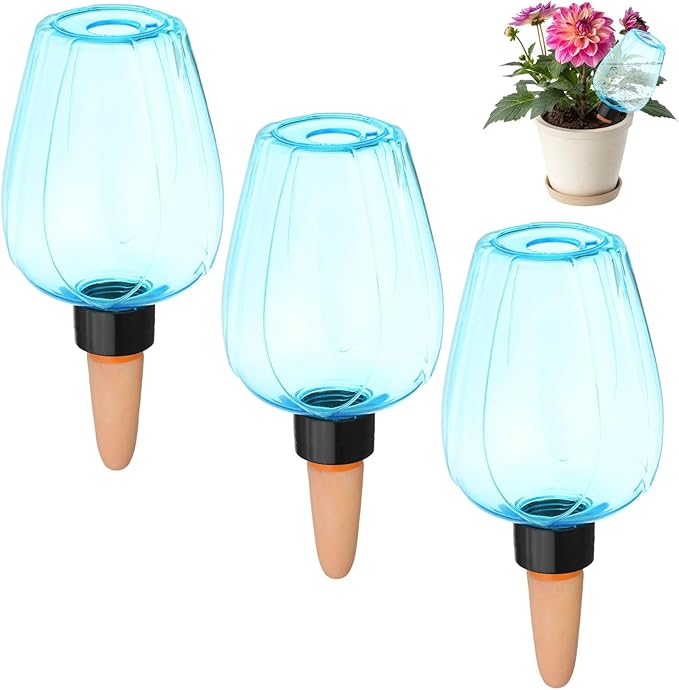 M METERXITY 3-Pack Plant Self Watering Globes, 5.1 oz Plastic Rose Water Bulbs Top Fill for Indoor/Outdoor Plants, Self Watering Spikes Slow Release Terracotta [Blue]