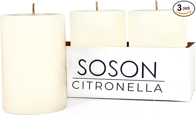 Simply Soson Citronella Candle - Citronella Scented Pillar Candles Ivory - 3x4 inch - 3 Pack - Long Lasting Burn Outside Candles for Garden Yard Balcony, Summer Camping