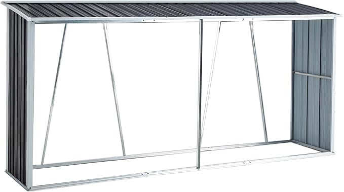 Galvanized Steel Log Storage Shed With Steel Floor Frame Raised Floor Slats Sloping Roof Design For Storing Your Firewood dark gray