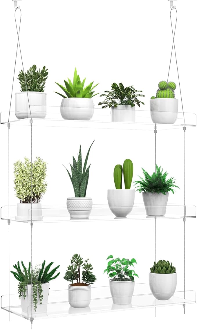 3-Tier Hanging Clear Plant Shelves for Windows, Acrylic Window Wall Plant Stand Shelf for Kitchen Indoor Gardens, Flower, Herb, Seedling Organization, and Pots Display, 16 Inch per Tier