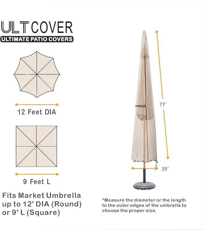 ULTCOVER Patio Parasol 600D Waterproof Outdoor Market Umbrella Cover - Fits Market Umbrella Up to 12 Feet