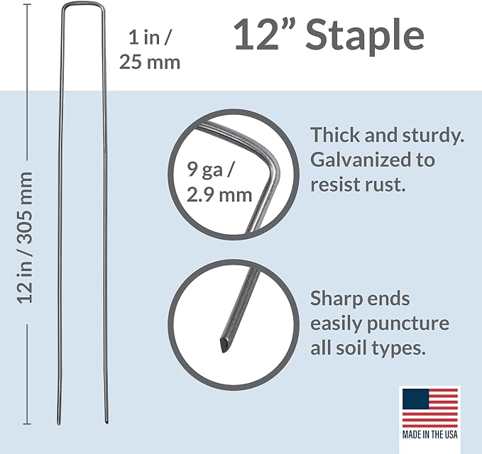 Pinnacle Mercantile Garden Stakes 12 Inch 9 Gauge Galvanized Steel Landscape Staples, Heavy Duty Landscape Fabric Stakes 100 Pack for Weed Barrier, Sod, Edging, Fencing and Drip Irrigation Made in USA