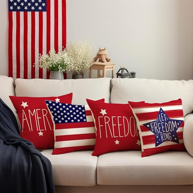 RABUSOFA Outdoor Waterproof 4th of July Patriotic Pillow Covers 18x18 Inch,Fourth of July Pillow Cases Set of 4,America Flag Stars Freedom Decorative Memorial Day Throw Pillows(2-18)