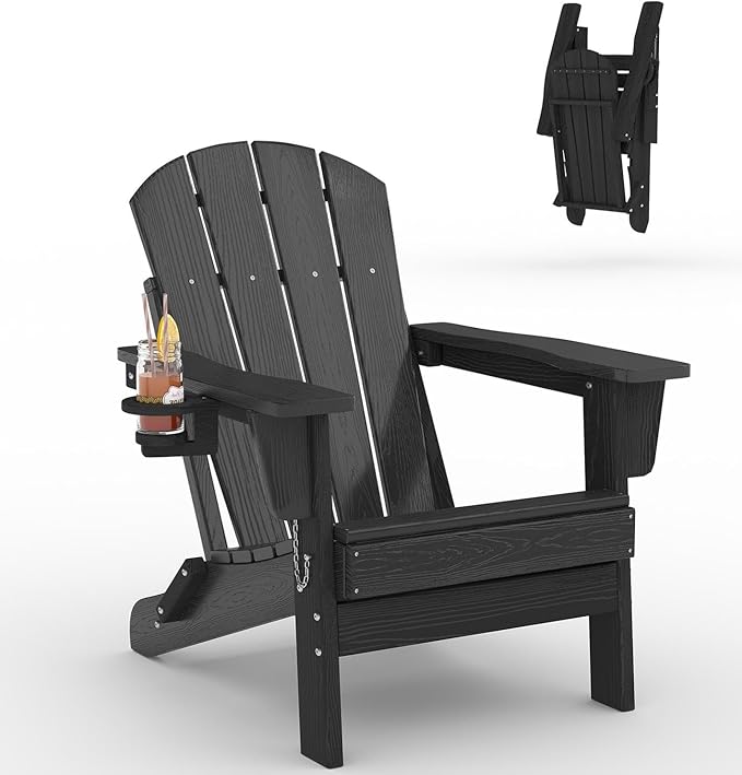 GarveeLife Folding Adirondack Chair, All-Weather HDPE Outdoor Chair, Wooden Textured with Cup Holder for patios, Decks, Gardens, fire pits, Black