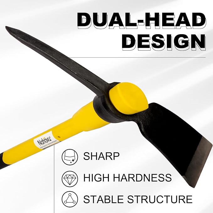 Nohovu Pickaxe with Shock Absorbing Fiberglass Handle, Heavy Duty Forged Steel Pick Axe for Digging, 36 Inches (406SB)