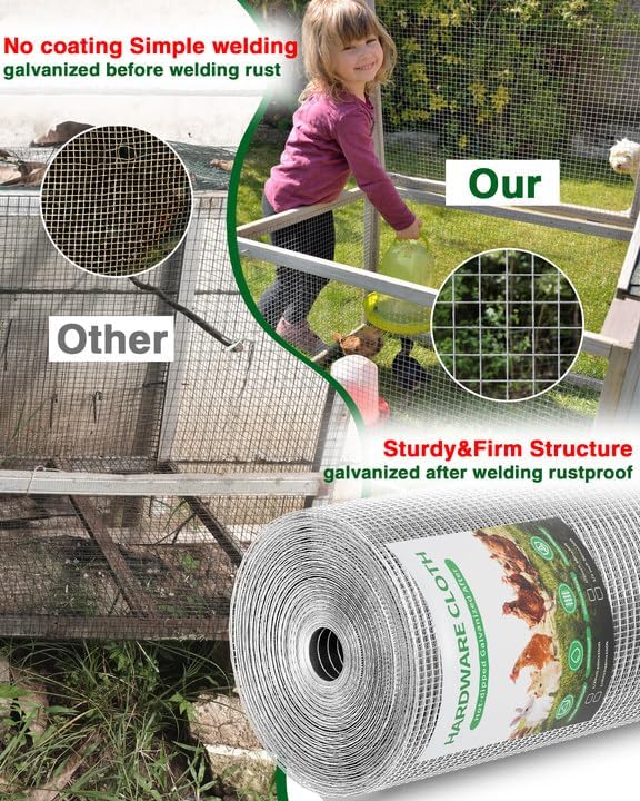 Pterying 1/2" x 48" x 100FT Silver Hardware Cloth - Hot-Dip Galvanized Chicken Wire Fencing, 19 Gauge Welded Wire Mesh Roll for Chicken Coop, Rabbit, Snake, Deer Fencing and Garden/Tree Protection