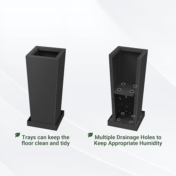 Metal Tall Outdoor Planters Set of 2, 18 inch Durable Tall Planters with Rust-Proof Coating & Drainage Insert Shelve & Trays, Black Outdoor Planters for Porch, Garden, Patio, Yard