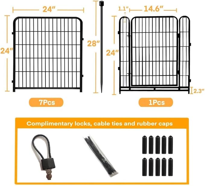 Getlay 24 in(H) Decorative Garden Fences with Gate, 8 Panels Total 15.7 ft(L) Heavy Duty Iron Animal Barrier Fence for Yard,Suitable for Indoor Pet Fence Or Outdoor Dog Fencing, Garden Border Fence