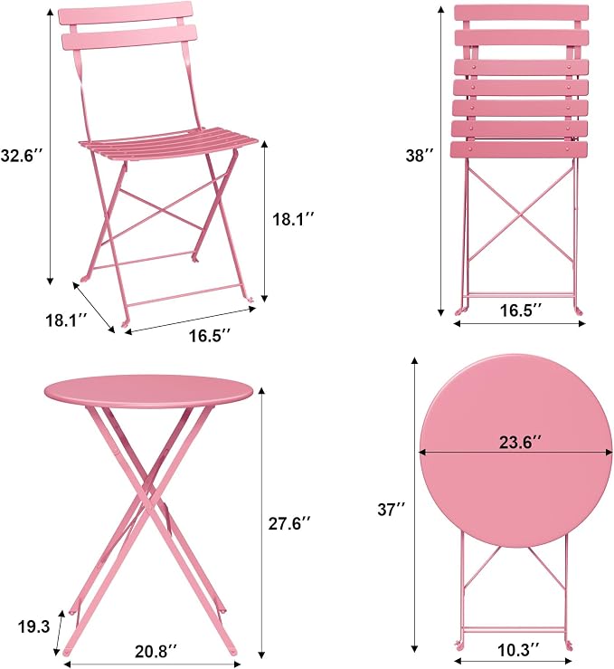 3-Piece Folding Bistro Set Outdoor Patio Furniture, Space-Saving Foldable Chairs & Table Capacity Heavy-Duty Powder-Coated Steel Frame, No Assembly Required for Garden, Balcony, Backyard, Pink
