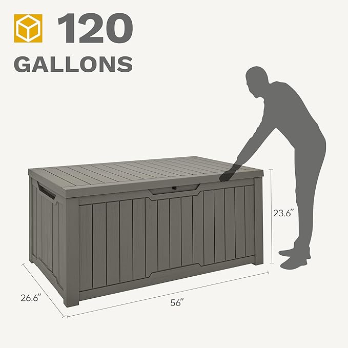 DWVO 120 Gallon Outdoor Storage Box, Large Lockable Resin Deck Box, Water Resistant Patio Storage Box for Tools, Cushions, Supplies - Light Brown