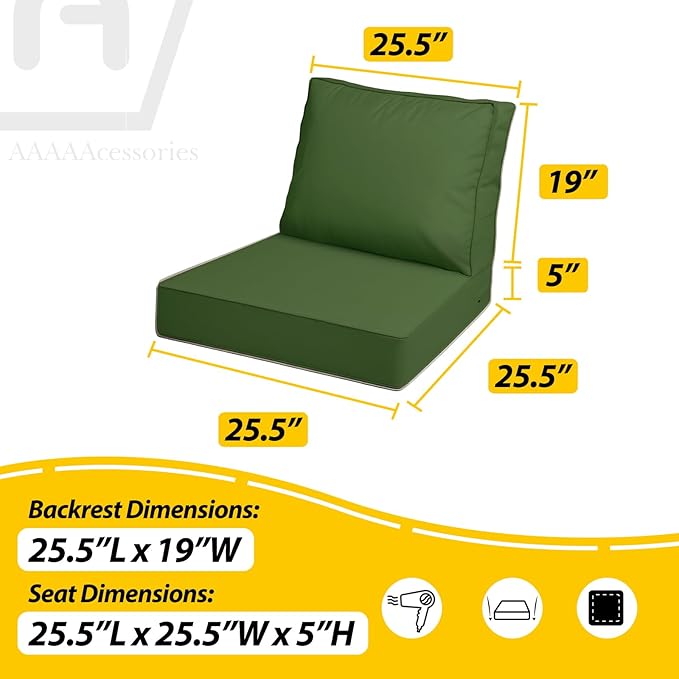 AAAAAcessories Outdoor Deep Seat Cushions with Double Welted Pillow, Waterproof, Fade-Resistant Patio Furniture Replacement Cushions, 25.5" x 25.5" x 5" + 25.5" x 19", Dark Moss Green