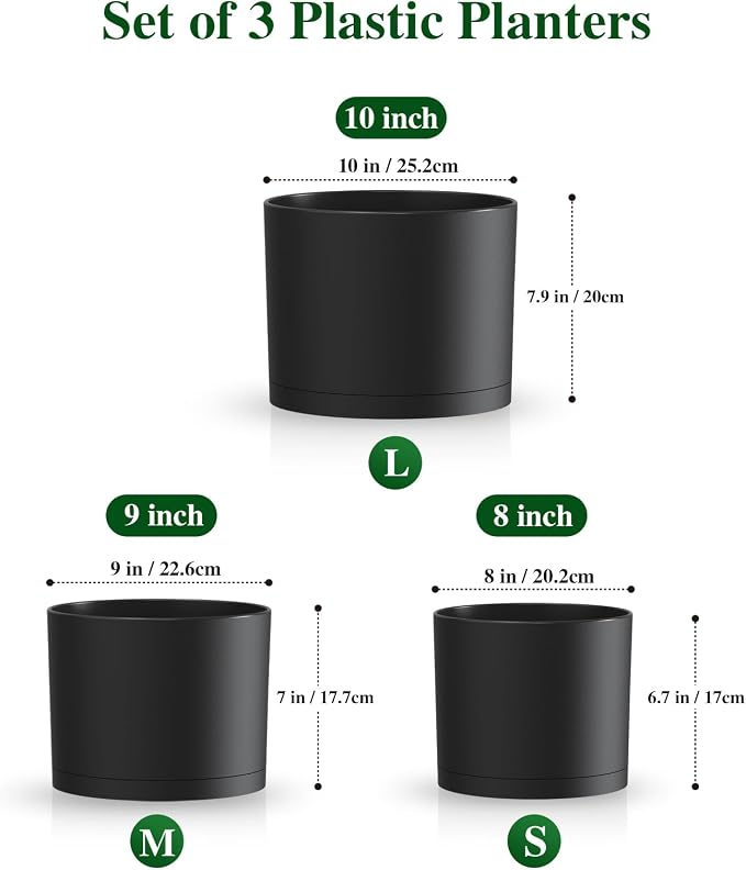 Plant Pots, 10/9/8 Inch 3 Pack Cylindrical Flower Pots with Drainage Holes and Saucers, Plastic Planters for Outdoor Indoor Plants,Black