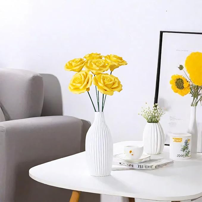 Handmade Porcelain 3D Ceramic Rose Flower, Eternal Flower Decoration for Home Office Decor, Creative Desktop vases, Porcelain Decorations, Exquisite, Set of 6 (Yellow)