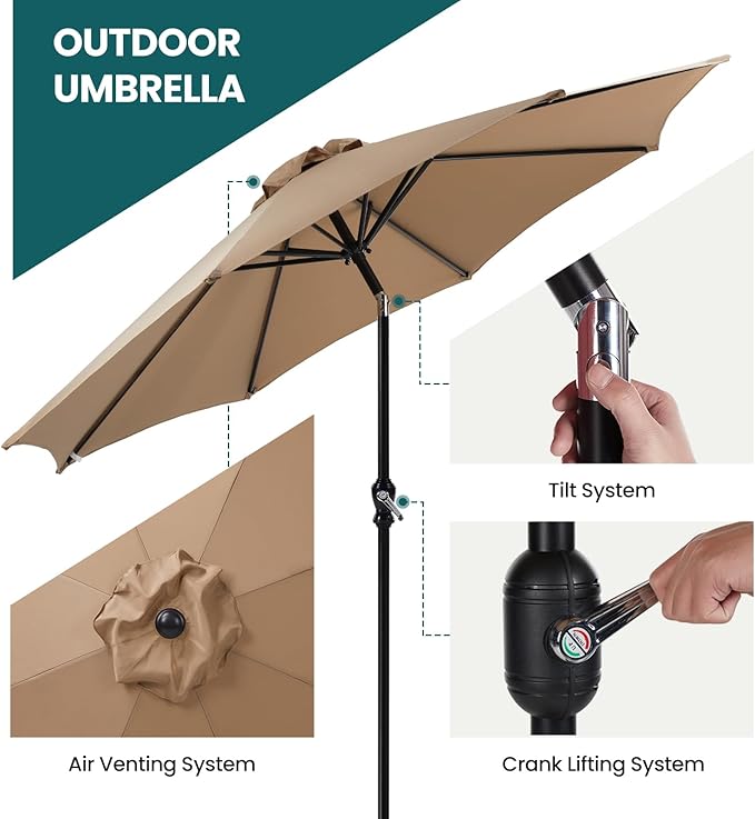 OLIXIS 9ft Patio Umbrella with Tilt and Crank Button & 8 Sturdy Ribs Waterproof, Patio Table Umbrella Perfect for Poolside, Terrace, Beach and Outdoor Restaurant, Brown