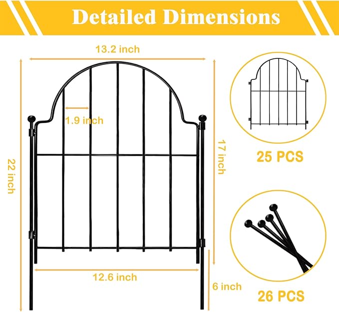 Blingluck Garden Fence, 17in(H) x 27.5 ft(L) Arched Rustproof Metal No Dig Fence Garden Fence Border,Ground Stake Animal Barrier Fence for Rabbit Dog, Outdoor Landscape Decor for Yard & Patio,25 Pack