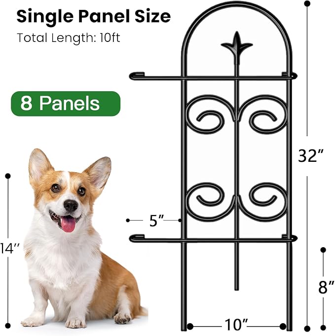 8 Panels 32in(H)×10ft(L) Decorative Garden Fence+8 Pack Solar Pathway Lights