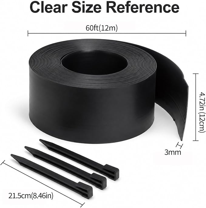 60FT Flexible Landscape Edging Coil – Weather Resistant Garden Border with Installation Tools & Stakes, Fade-Resistant Plastic for Flower Beds, Curved Edges & Mulch Retention, No Dig